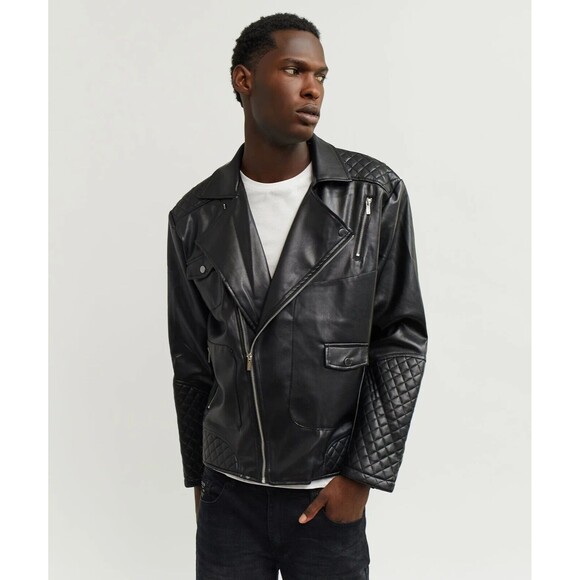 Reason Moto Jacket Men’s Large Black Faux Leather Quilted Biker - Picture 5 of 7